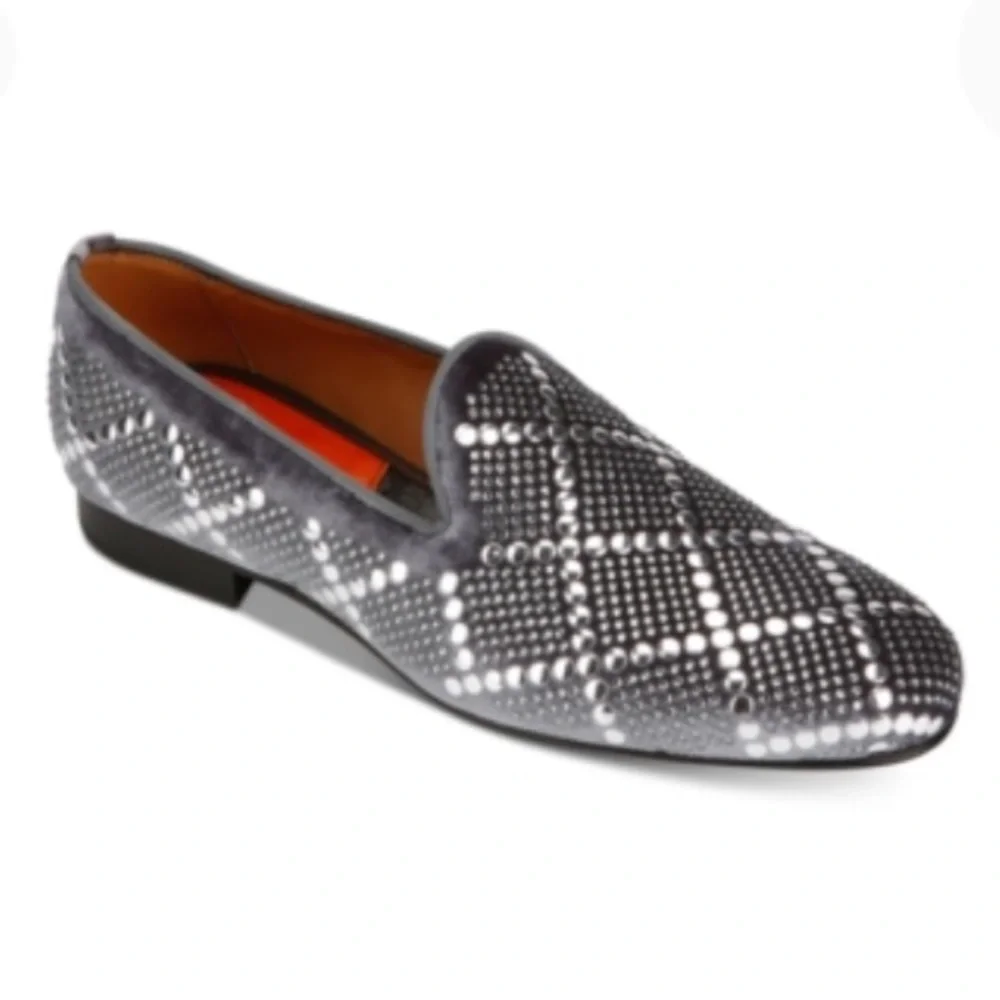 NEW Tallia Mens Claudio Diamond Suede Slip On Loafers, Size 8, Gray Silver